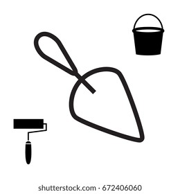 Garden or Cement Trowel Vector Icon. Bucket and Paint Roller Icons Isolated on White Background