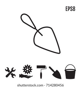 Garden or Cement Trowel Vector Icon. Bucket and Paint Roller Icons Isolated on White Background