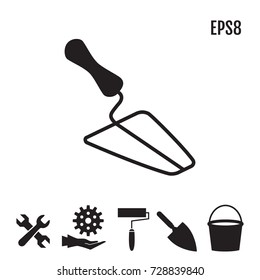 Garden or Cement Trowel Vector Icon. Bucket and Paint Roller Icons Isolated on White Background