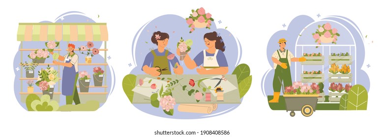 Garden center display window beautiful roses bouquets arrangements flowers plants nursery farm 3 flat compositions vector illustration