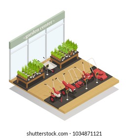 Garden Center Young Plants And Agricultural Equipment Sale Isometric Composition With Lawn Mowers And Wheelbarrow Vector Illustration 