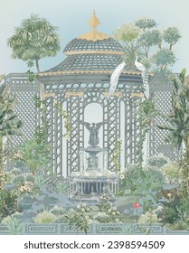 Garden with Central Park Bethesda fountain, New York vector illustration in white background. Mughal art invitation illustration
