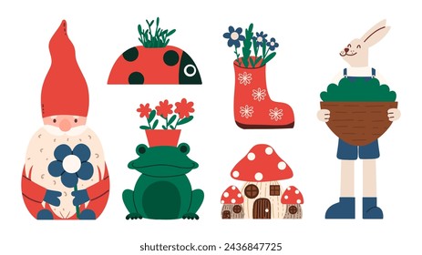 Garden ceramic figurines set. Fairy-tale characters toys for the home. Gnome, frog, rabbit. Vector illustration.