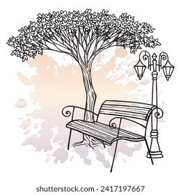 Garden chair with street lamp and tree hand drawing illustration vector