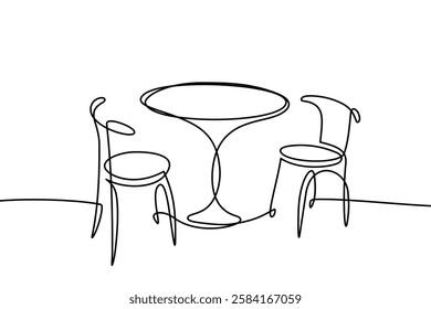 Garden chairs and table in continuous line art drawing style. Classic style dining room furniture black linear sketch isolated on white background. Vector illustration