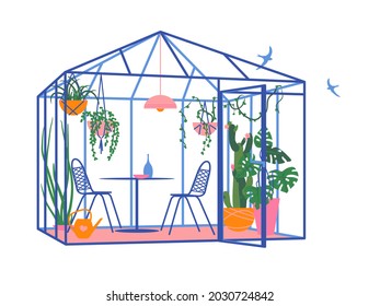 Garden chairs and a table for relaxing inside the greenhouse.Glass construction for the garden. Potted plants and flowers in pots. A place for recreation, dating and hobbies. Flat vector illustration.
