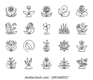 Garden charcoal icons set. Outline web sign kit of flower. Plant linear icon collection includes chamomile, tulip, narcissus. Simple hand drawn garden symbol on white. Vector Illustration
