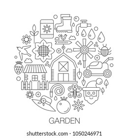 Garden in circle - concept line illustration for cover, emblem, badge. Garden tools thin line stroke icons set.