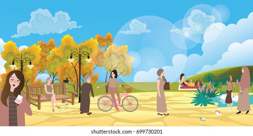 garden city park people interaction situation enjoy autumn community play ground bright sky elderly and young with bicycle