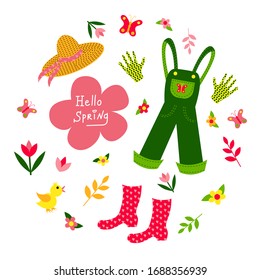 Garden clothing set. Jumpsuit, straw hat, rubber boots and gloves, flower, twig, butterfly and chicken. Lettering Hello Spring. Flat design. Isolated white background. Vector illustration. Gardening.