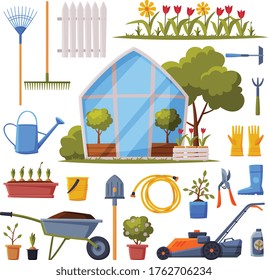 Garden Collection, Agriculture Work Equipment, Greenhouse, Farming Tools, Seedlings and Plants Flat Style Vector Illustration