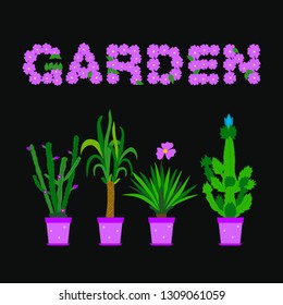 Garden collection with cactus. Vector illustration on black.