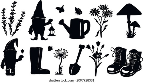 garden collection  shovel  boots  watering can  gnomes  lamp  flowers  butterflies  rubber boots  mushrooms  silhouette graphics  vector  eps	