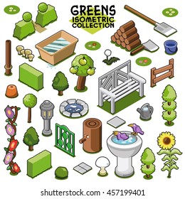 Garden collection with white bench, bird bath and well, items to build a miniature garden. Isometric vector set