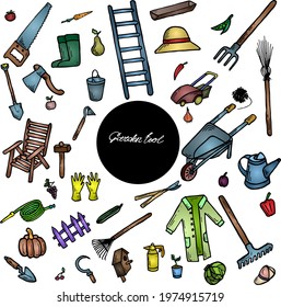 Garden color tools, vegetables and fruits doodle set. Outline illustrations, gardening.
Home agricultural equipment