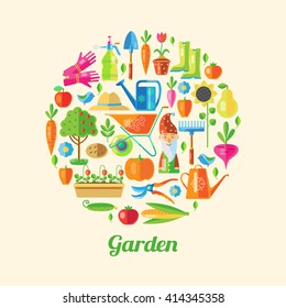 Garden colored poster its many little icons with attributes a gardener in a big circle vector illustration