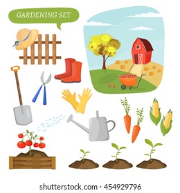 Garden colorful designs elements vector illustration icon set of different gardening equipment, tools, vegetables and plants.