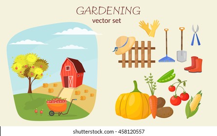 Garden colorful designs elements vector farm illustration icon set of different gardening equipment, tools, vegetables and plants.