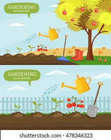 Garden colorful designs elements vector farm illustration icon set of different gardening equipment, tools, vegetables and plants.