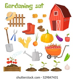 Garden colorful designs elements vector farm illustration icon set of different gardening equipment, tools, vegetables and plants.