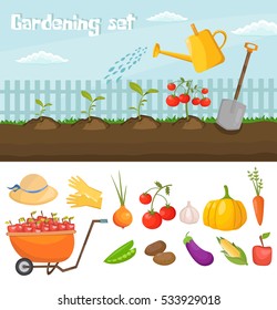 Garden colorful designs elements vector farm illustration icon set of different gardening equipment, tools, vegetables and plants.