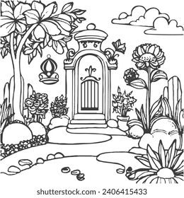 Garden Coloring Book Page For Kids. Garden Color Page. Coloring Page. Freehand Linear Style. Vector In Black And White.