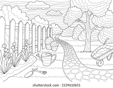 Garden coloring graphic black white landscape sketch illustration vector