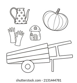 Garden coloring page and garden cart  pumpkin  garden supplies   watering can  Black   white contour vector illustration for coloring book 