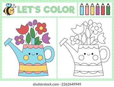 Página de coloreado de jardín para niños con lindo conejito kawaii en sobre con flores. Ilustración del contorno de vacaciones de primavera vectorial. Libro de colores de Pascua para los niños. Hoja de cálculo de habilidades de dibujo imprimible
