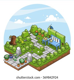 Garden with comfortable bench, paved way and rows of box trees