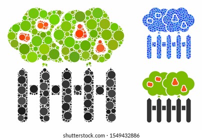 Garden composition of filled circles in various sizes and color tints, based on garden icon. Vector filled circles are united into blue collage. Dotted garden icon in usual and blue versions.