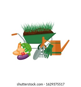 Garden composition with food and tools. Vegetables and equipment set. Farm vector color illustration.