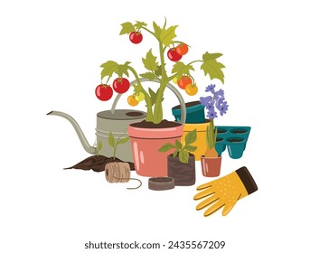 Composición del jardín para cultivar y trabajar en el jardín. Tomates de escalada en una olla, vector sobre fondo blanco