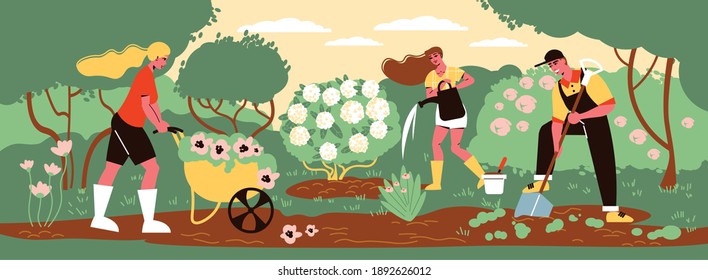 Composición de jardín con vista exterior de flores en el jardín con grupo de jardineros jóvenes en ilustración vectorial uniforme