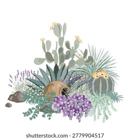 Garden composition with prickly pear cactus, sedums, agave, alyssum, ceramic pot, and lavender flowers. Mediterranean garden design