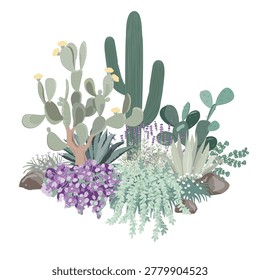 Garden composition with prickly pear cactus, sedums, agave, alyssum, and lavender flowers. Mediterranean garden design.