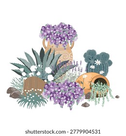 Garden composition with prickly pear cactus, sedums, agave, alyssum, ceramic pot, and lavender flowers. Mediterranean garden design