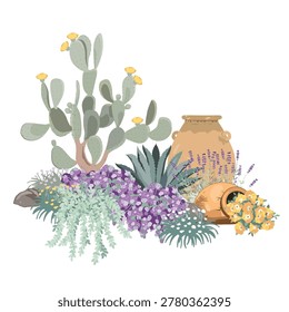 Garden composition with prickly pear cactus, sedums, agave, alyssum, ceramic pot, and lavender flowers. Mediterranean garden design
