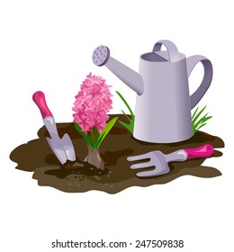 garden composition with watering can and flower. vector illustration