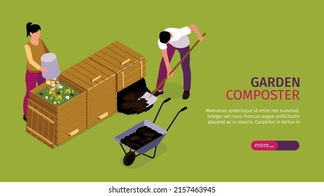 Garden composter horizontal banner as illustration of homemade fertilizer for farm work isometric vector illustration