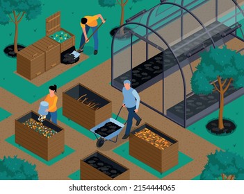 Garden composting isometric background with farmers pouring organic waste into compost bin and delivering ready made fertilizer to beds vector illustration