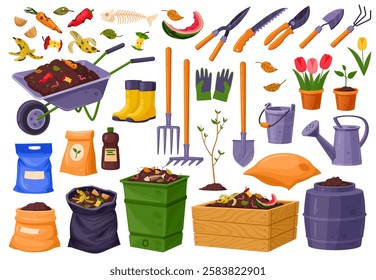 Garden composting. Organic fertilizer or food waste with soil in compost box bin and bag, garden tools wheelbarrow decomposition vegetables bio garbage, tidy vector illustration original artwork