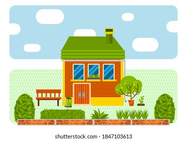 Garden concept and landscaping. Cozy house, cottage, hacienda with plants around. Vector illustration in a flat style.