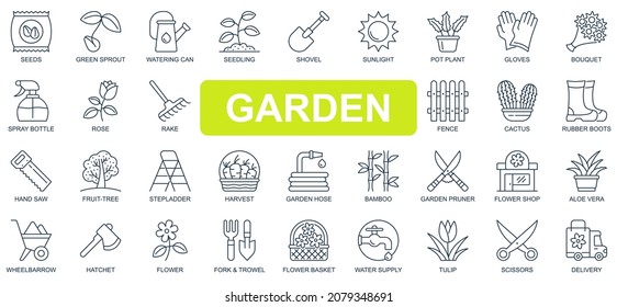 Garden concept simple line icons set. Bundle of green sprout, watering can, seedling, shovel, gloves, pot plant, harvest, supply and other. Vector pack outline symbols for website or mobile app design