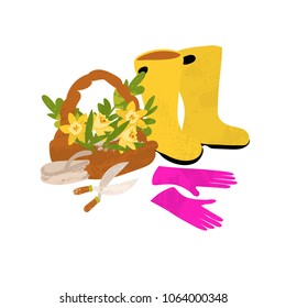 Garden concept. vector composition gardening tools. Design with gloves, rubber boots, a pruner and a rope, basket with plants and flowers. 