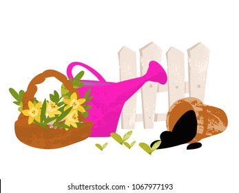 Garden concept. vector composition gardening tools. Design with watering can, fence, basket with plants and flowers. 