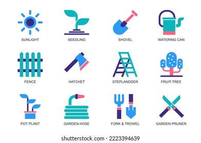 Garden concept of web icons set in simple flat design. Pack of sunlight, seedling, shovel, watering can, fence, hatchet, stepladder, fruit tree, pot plant, pruner. Vector pictograms for mobile app