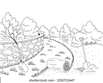 Garden construction graphic black white landscape sketch illustration vector