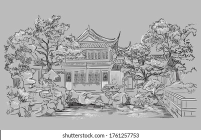 Garden Of Contentment in Shanghai province, landmark of China. Hand drawn vector sketch illustration in monochrome colors isolated on gray background. China travel Concept. 