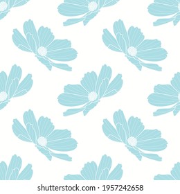 Garden cosmos flower repeat pattern, vector floral background, spring pattern, cute pastel flower design.
